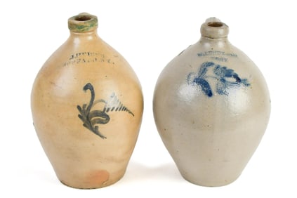 TWO ANTIQUE NY STONEWARE JUGS, W. LUNDY & J. HEISER.