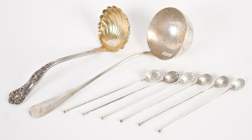 TWO STERLING LADLES AND ICED TEA SPOONS.
