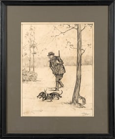 PENCIL SIGNED 20TH C. HUNTING ILLUSTRATION.