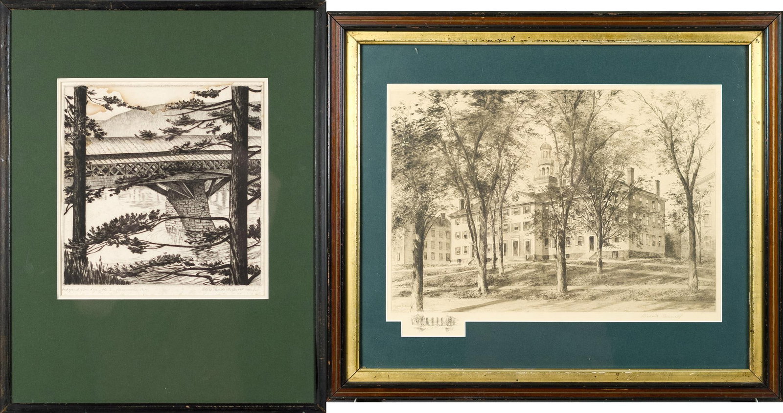 TWO VINTAGE HANOVER NH ETCHINGS, BUELL AND RUMMELL.: A vintage Alice Standish Buell etching ‘Ledyard Bridge # 1’, Image 10” x 9”, Overall in frame 19” x 15”. A Richard Rummell etching of Dartmouth Hall, Image 10.25