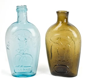 TWO ANTIQUE FLASKS, PIKES PEAK & DOUBLE EAGLE.