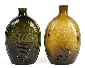 TWO ANTIQUE STODDARD FLASKS.