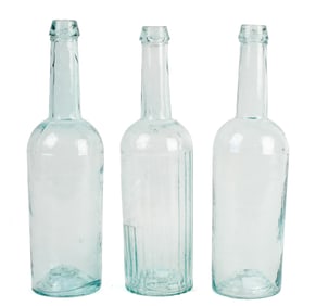 THREE ANTIQUE AQUA MARINE BOTTLES.