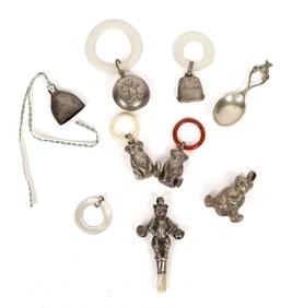 ANTIQUE SILVER CHILD’S TOYS AND RATTLES.