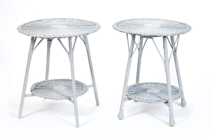TWO ANTIQUE WICKER PATIO TABLES.