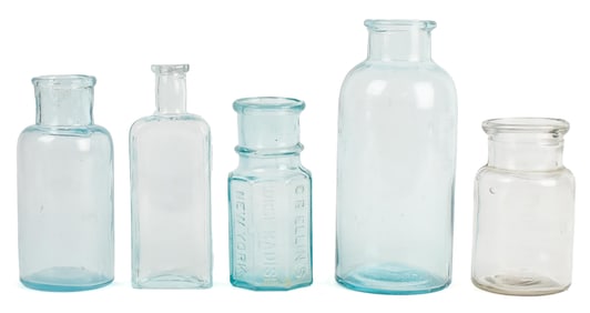COLLECTION OF FIVE ANTIQUE BOTTLES.