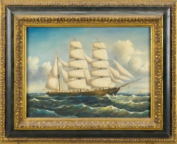 VINTAGE MARINE OIL ON CANVAS, MASTED SHIP.