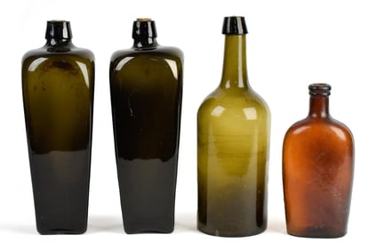 FOUR ANTIQUE BOTTLES, TWO GIN AND OTHERS.