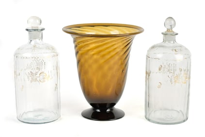 ANTIQUE AMBER GLASS VASE AND PAIR DECANTERS, 3PCS.