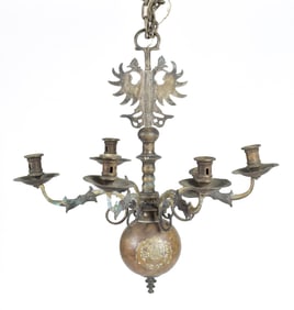 ANTIQUE EIGHT BRANCH BRASS CHANDELIER.