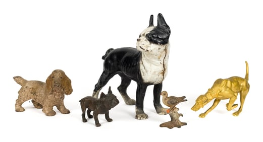 ANTIQUE ANIMAL BRONZES & IRON BIRD FIGURE, 5PCS.