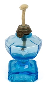 ANTIQUE MINIATURE BLUE GLASS OIL LAMP.