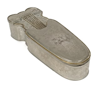 ANTIQUE PEWTER HARP SHAPED LADIES DRESSER BOX.