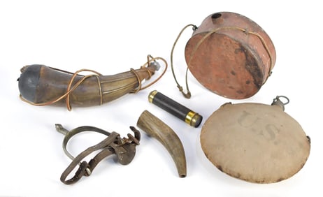 ANTIQUE POWDER HORNS, CANTEENS, ETC. 6PCS.