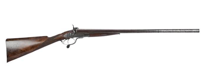 ANTIQUE C. MAYBURY 10 BORE PINFIRE SHOTGUN.