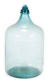 ANTIQUE GLASS DEMIJOHN BOTTLE WITH STOPPER.