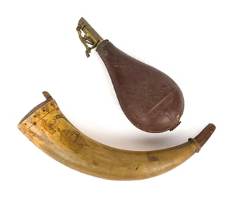 ANTIQUE POWDER HORN AND SHOT FLASK.