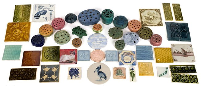 VINTAGE ART POTTERY FLOWER FROGS AND TILES.