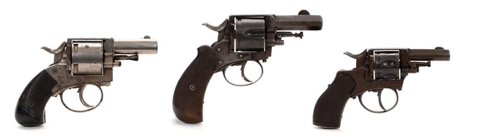 THREE ANTIQUE BULL DOG REVOLVERS.