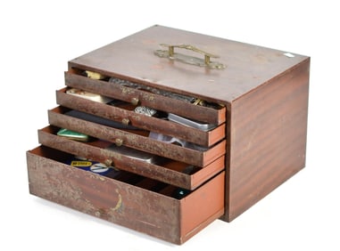 ANTIQUE METAL FIVE DRAWER CABINET WITH CONTENTS.
