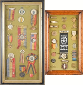 FRAMED ANTIQUE FRATERNAL RIBBONS/MEDALS, & SWORD.