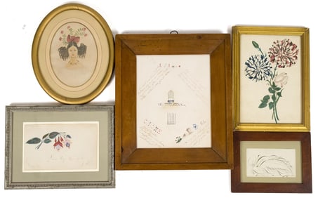 FIVE ANTIQUE INK AND WATERCOLOR ARTWORKS.