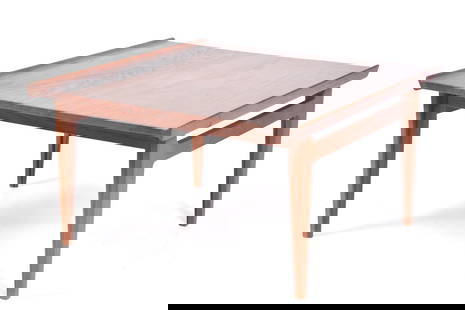 JOHN STUART DANISH MOD TEAK COFFEE TABLE.: A vintage John Stuart NY labeled teak coffee table, 17.5”H x 30.75”W x 33.25”D.