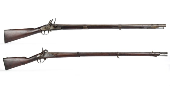 TWO ANTIQUE PERCUSSION/FLINTLOCK MUSKETS.