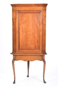 EARLY 19TH C. C. MAHOGANY CORNER CABINET ON STAND.