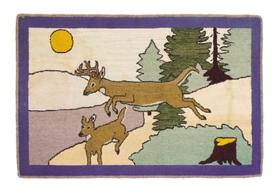 VINTAGE HOOKED RUG, PRANCING DEER.