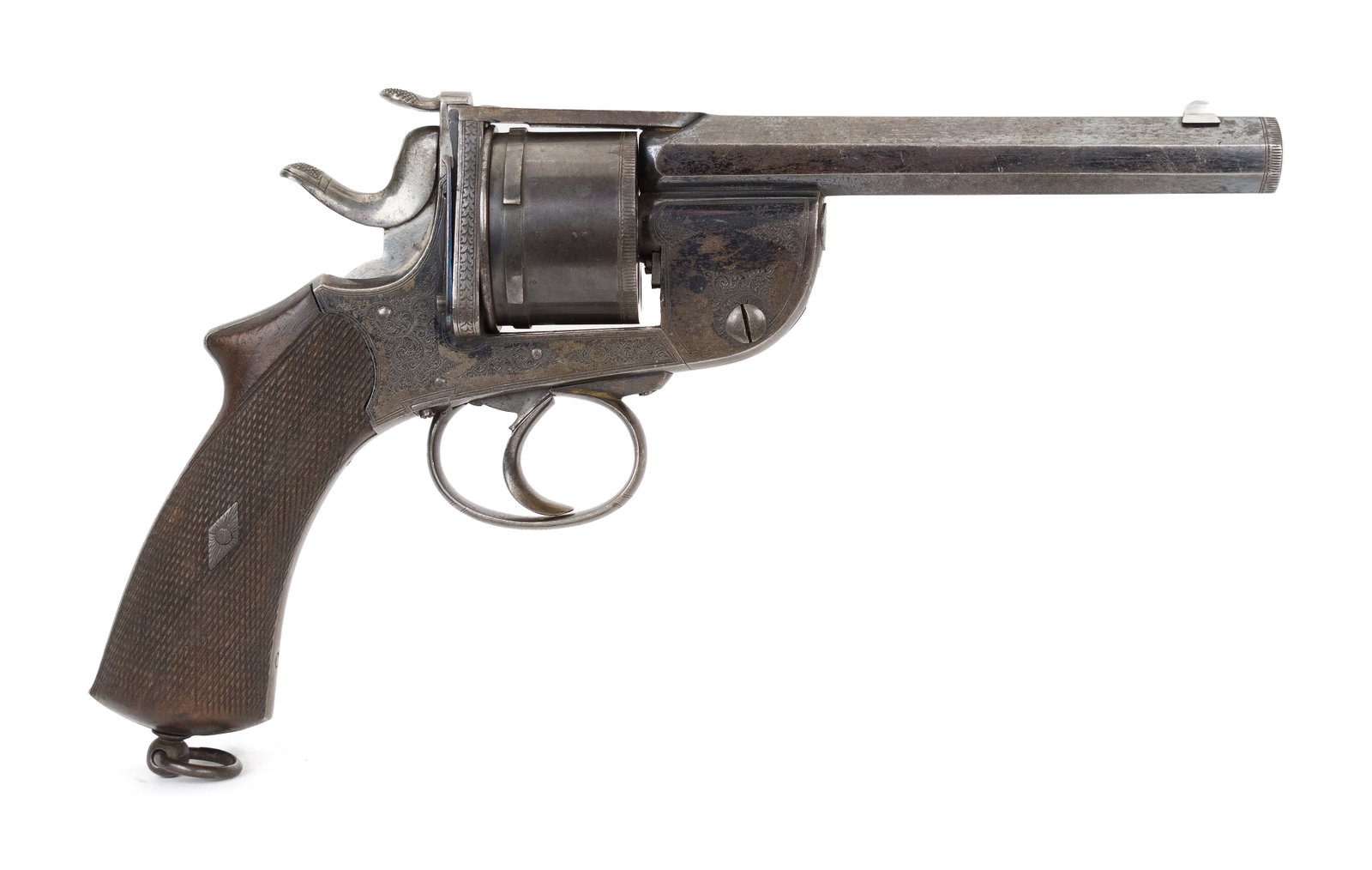 ANTIQUE HUGHES SELF EXTRACTING CENTRAL FIRE REVOLVER.: An antique Hughes Self extracting central fire revolver, model 8017, double action, 380 cal., 6” barrel, Overall 11”L, highly engraved, ca. 1858.