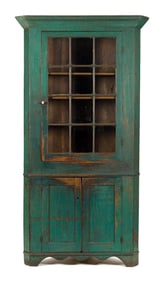 CHOICE FEDERAL GREEN PAINTED WALNUT CORNER CUPBOARD.