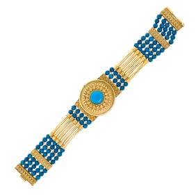 BEADED TURQUOISE 18K GOLD GRANULATION BRACELET.