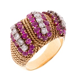 VINTAGE 18K GOLD RUBY & DIAMOND DOME RING.