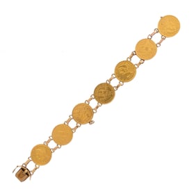14K GOLD 5 DOLLAR LIBERTY COIN LINK BRACELET.