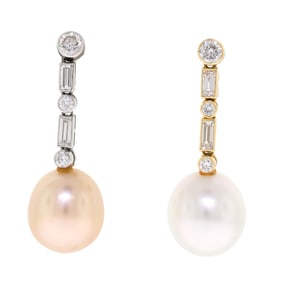 SOUTH SEA PEARL & DIAMOND GOLD/PLAT. EARRINGS.