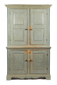EXCEPTIONAL 18TH C. BLUE PAINTED STEP BACK CUPBOARD.