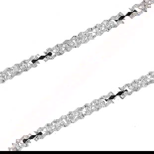 ART DECO DIAMOND & BLACK ONYX PLATINUM BRACELET.: An Art Deco, platinum bracelet set with square black onyx and approx. 6.0 ct. tw. Old European cut, natural diamonds of G-H-I color and VS-SI clarity, 10 mm wide, 7 3/8 inches long. Tested as natural