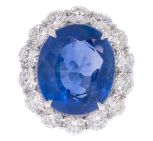 16 CT. NATURAL BLUE SAPPHIRE & DIAMOND PLAT. RING.