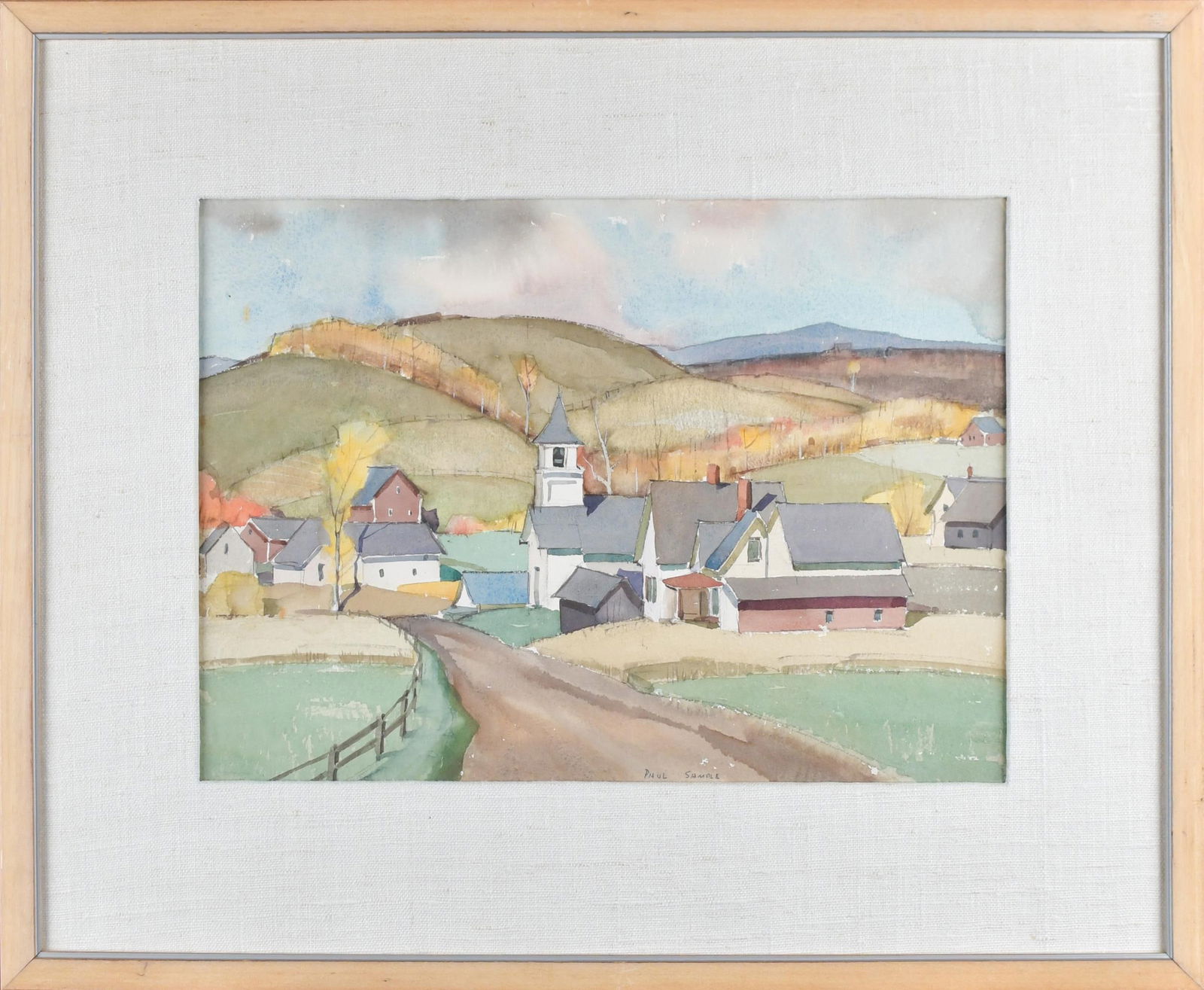 PAUL SAMPLE WATERCOLOR, SPRING LANDSCAPE.: Paul Starrett Sample (Am. 1896-1974) watercolor, spring landscape with village, signed lower center, Paul Sample. Image 10.5” x 14”, Overall in frame 18” x 21.5”.
