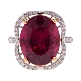 14K GOLD 10 CT. RUBELLITE TOURMALINE & DIAMOND RING.