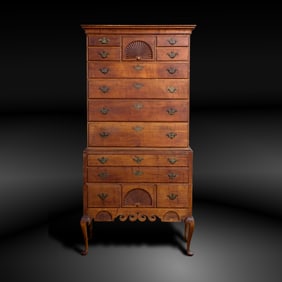 FINE 18TH C. NH DUNLAP CURLY MAPLE HIGHBOY.