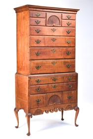 FINE 18TH C. NH DUNLAP CURLY MAPLE HIGHBOY.
