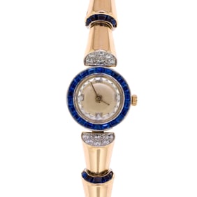 VINTAGE 18K GOLD OSCAR HEYMAN SAPPHIRE & DIAM. WATCH.