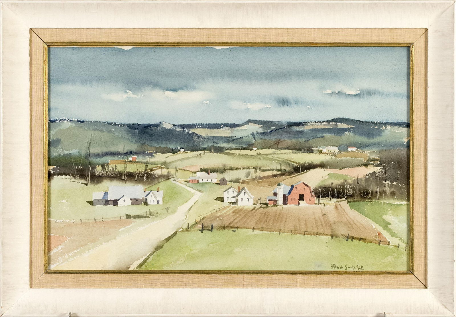 PAUL SAMPLE WATERCOLOR, VALLEY ROAD.: Paul Starrett Sample (Am. 1896-1974) watercolor, New England valley with farm and plowed fields, signed lower right Paul Sample, Vose Gallery label on reverse with title ‘Valley Road’. Ima