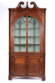 IMPRESSIVE CARVED FEDERAL CORNER CUPBOARD.