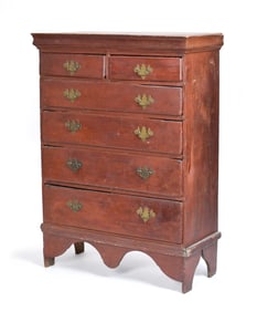EARLY 18TH C. AMERICAN QUEEN ANNE TALL CHEST IN RED.