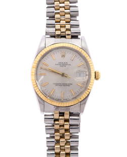 VINTAGE ROLEX 14K & STAINLESS OYSTER DATE WATCH.: A vintage 1968, Rolex Oyster Perpetual Date, stainless steel and 18k (crown & pie plate bezel) yellow gold (tested) wrist watch, serial #9092629, 34 mm case, with a stainless steel and 14k yellow gold
