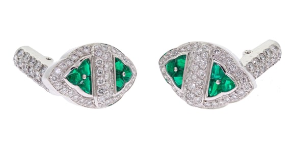 ASPREY & GARRARD 18K GOLD EMERALD & DIAM. CUFFLINKS.