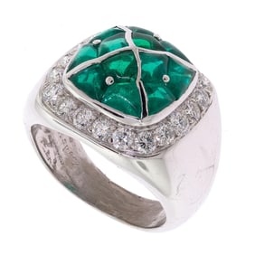 ASPREY & GARRARD 18K GOLD EMERALD & DIAMOND RING.